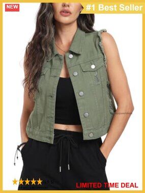 Ripped Denim Cropped Vest Distressed Sleeveless Jean Vest Flap Pockets